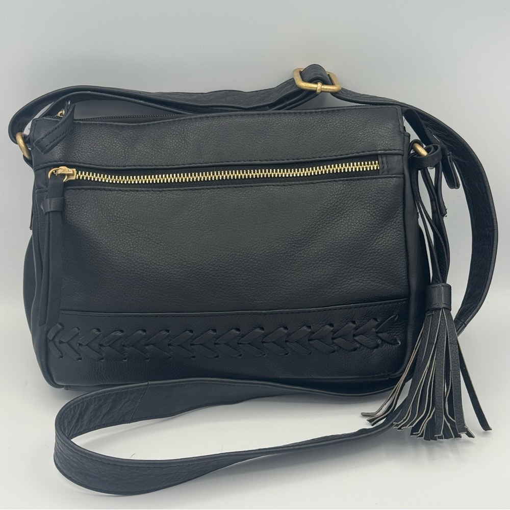 Great American Leatherworks Black Crossbody Braided Detail Tassel Charm Accent